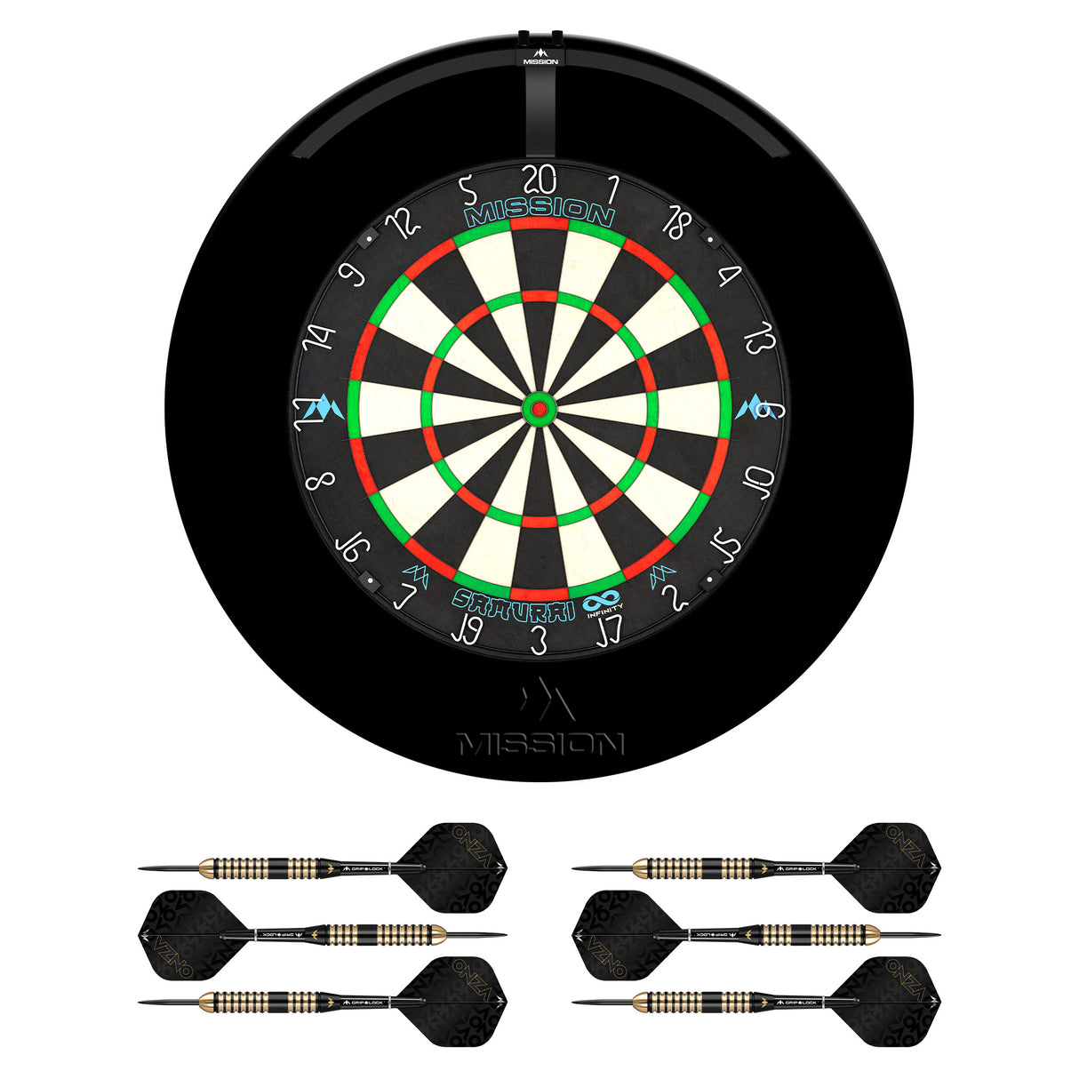 Mission Samurai Infinity Dartboard Set - Dart Board, Surround, Torus 100 Light & 2 sets of Brass Darts - Black