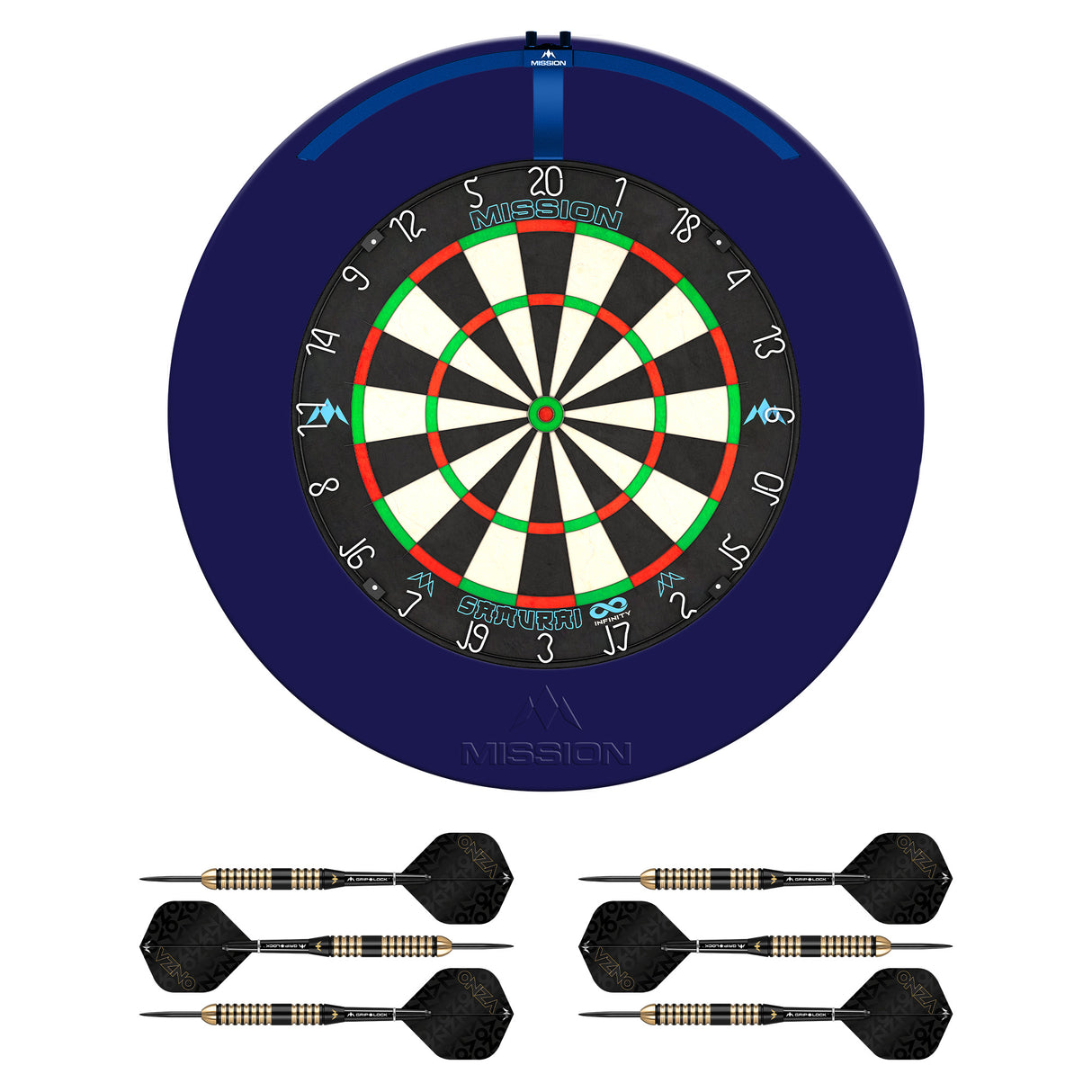 Mission Samurai Infinity Dartboard Set - Dart Board, Surround, Torus 270 Light & 2 sets of Brass Darts - Blue