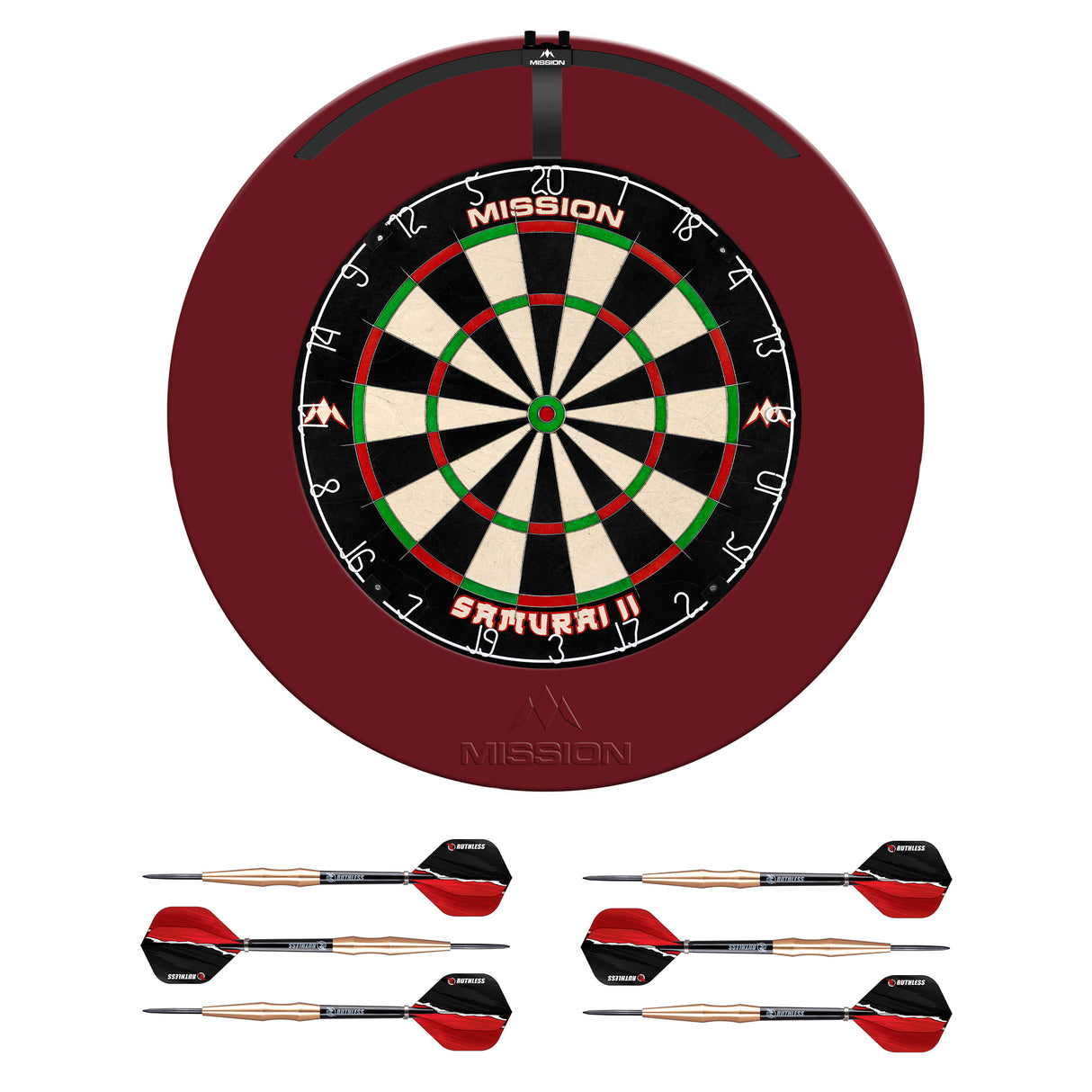 Mission Samurai II Dartboard Set - Dart Board, Surround, Torus 100 Light & 2 sets of Brass Darts - Red