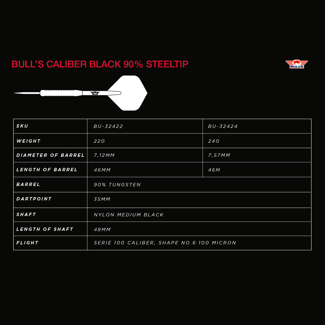 Bulls Caliber Black Darts - Steel Tip - 90% Tungsten