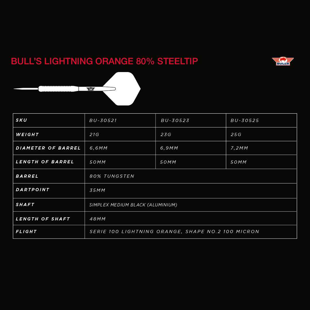 Bulls Lightning Orange Darts - Steel Tip - 80% Tungsten