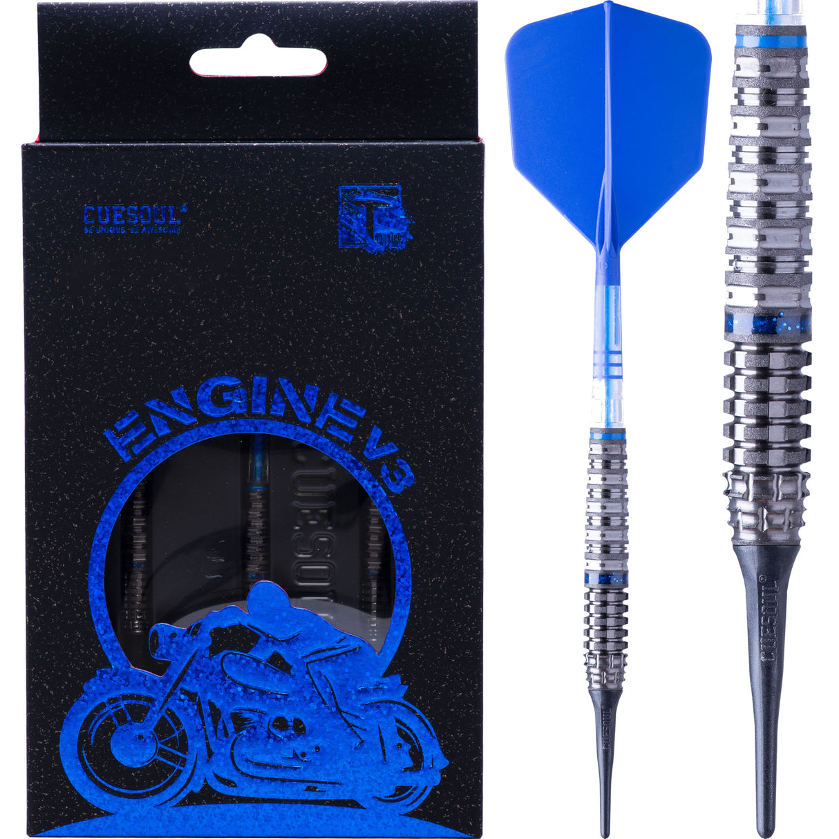 Cuesoul Engine V3 Darts - Soft Tip - 90% Tungsten - Hope Ring - Blue