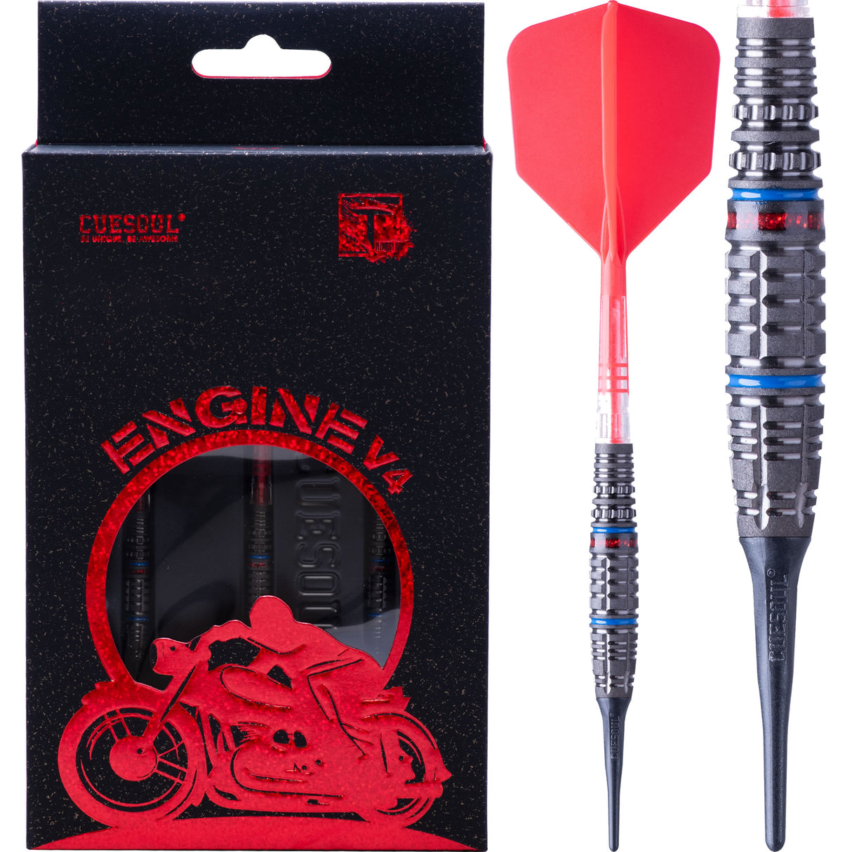 Cuesoul Engine V4 Darts - Soft Tip - 90% Tungsten - Hope Ring - Red