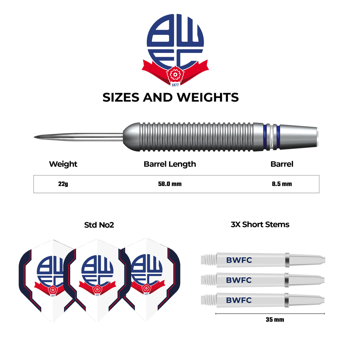 Bolton Wanderers Darts - Steel Tip Brass - Official Licensed - BWFC - 22g