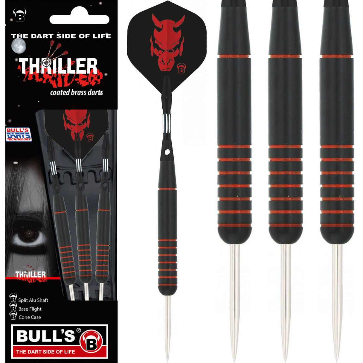 BULL'S Thriller Darts - Steel Tip - Black Brass - Red Ringed