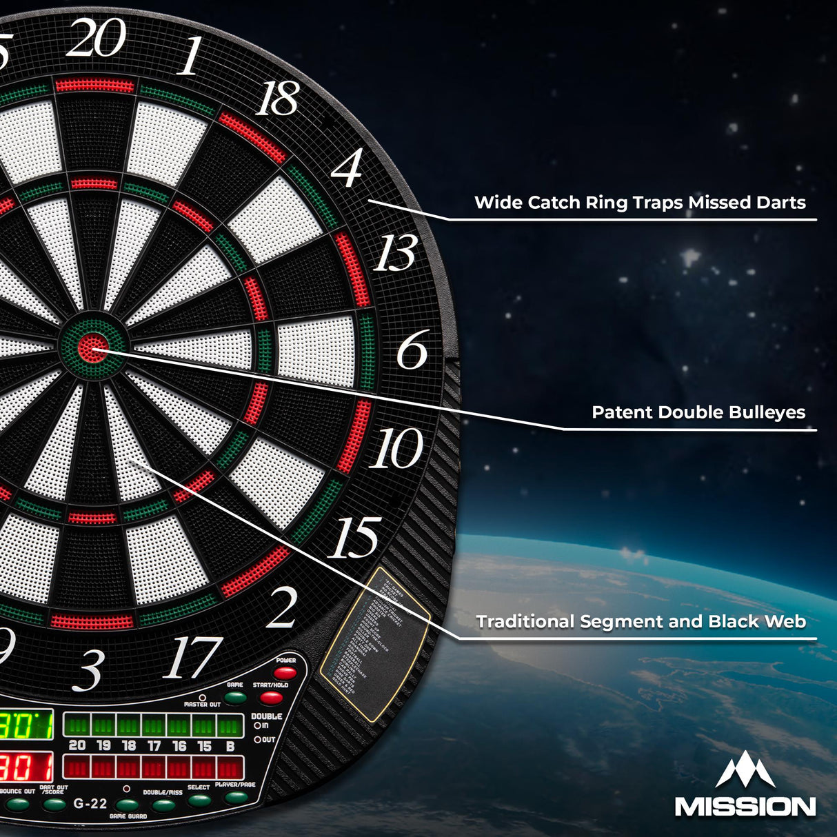 Mission G220 Electronic Dartboard - Professional Soft Tip - upto 16 players - 28 Games - inc 4 Sets of Darts