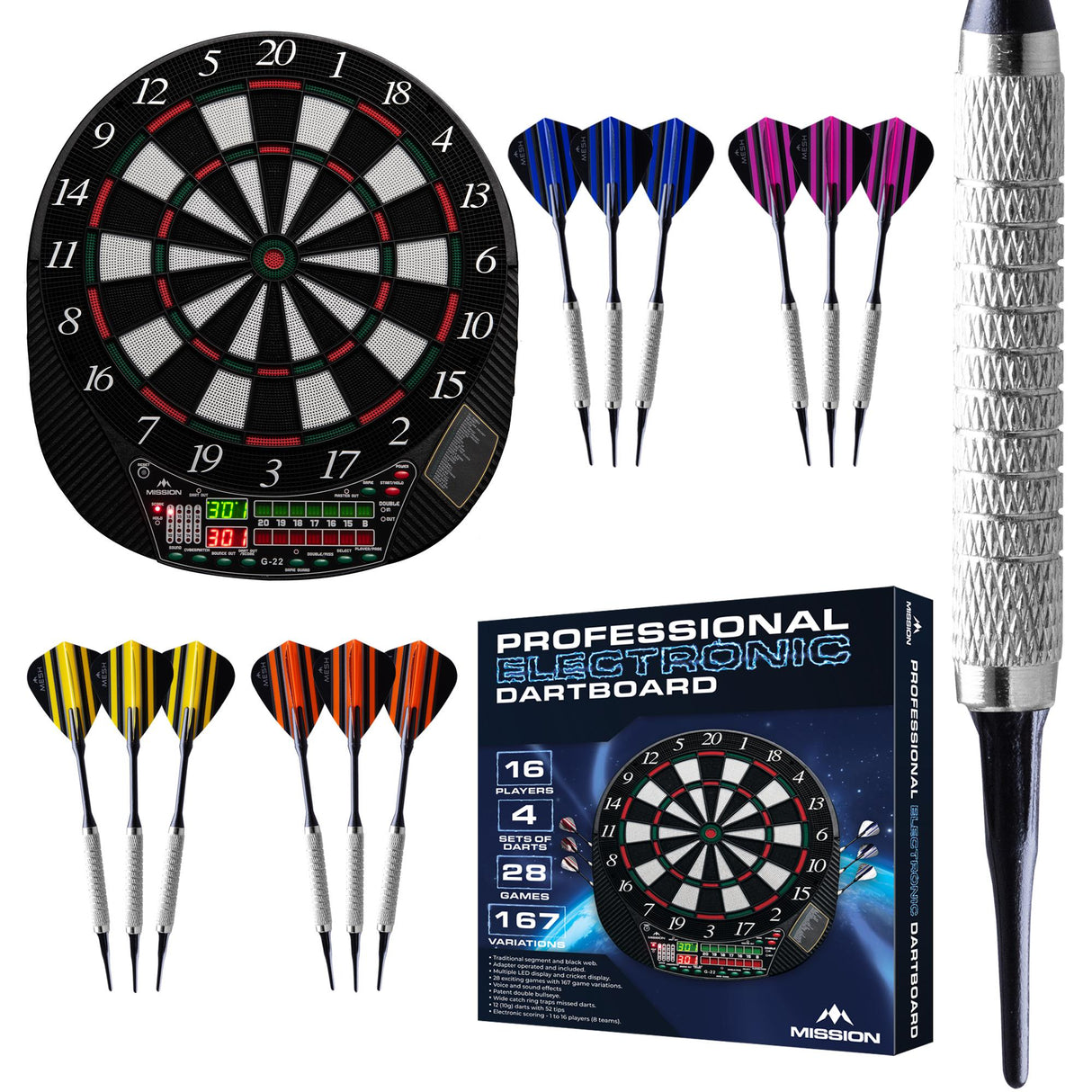 Mission G220 Electronic Dartboard - Professional Soft Tip - upto 16 players - 28 Games - inc 4 Sets of Darts