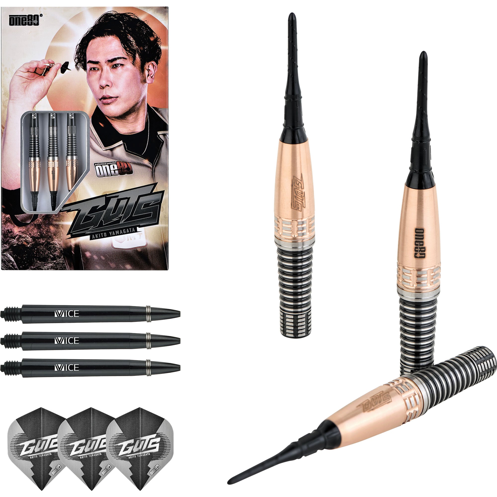 *One80 Akito Yamagata Darts - Soft Tip - Guts - Signature Darts - Black &  Gold