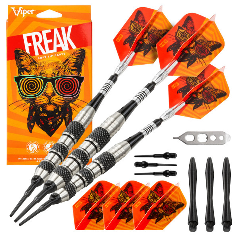 Viper The Freak Darts - Soft Tip - Nickel Silver - with Spinster Shafts - F1 - Black Tri-Knurl